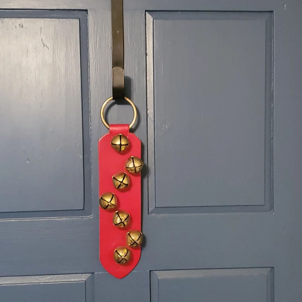 Vintage MBS Sleigh Bells Red Leather Brass Christmas Holiday Door Decoration - Picture 4 of 7